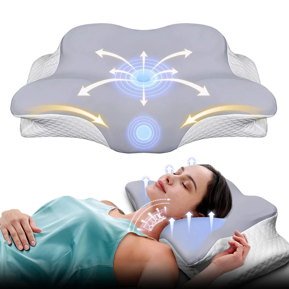 Oreiller cervical Somna en mousse à mémoire posé sur un lit